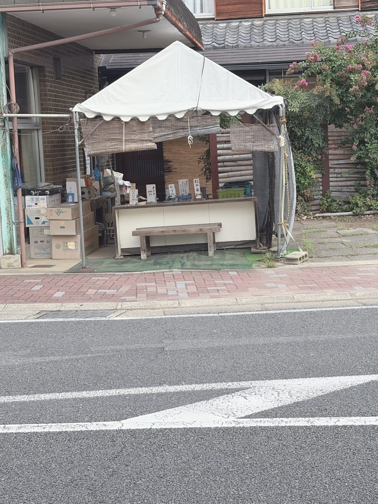 アゼリア通りから見た大久保花苑の店先のテントと販売台